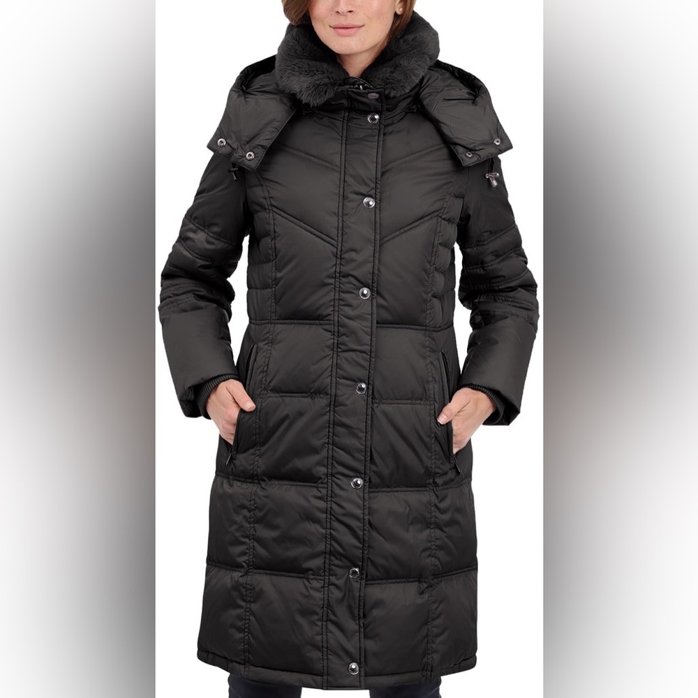 New with Tags London Fog Chevron Coat with Faux Fur Trimmed Hood